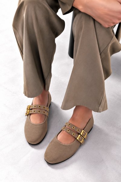 moon glow Mink Suede Color Studded Double Buckle Women's Ballerinas |   Daily...