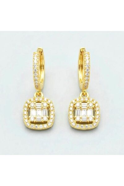 Siya Silver Özel Seri 14K Zirkon Taşlı Sallantılı Baget Çelik Küpe - 2,8 cm