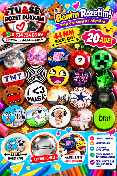 tuse rozet dükkanı Trend Rozet Seti 20 Adet 44 mm | Popüler Karışık Rozetler ...
