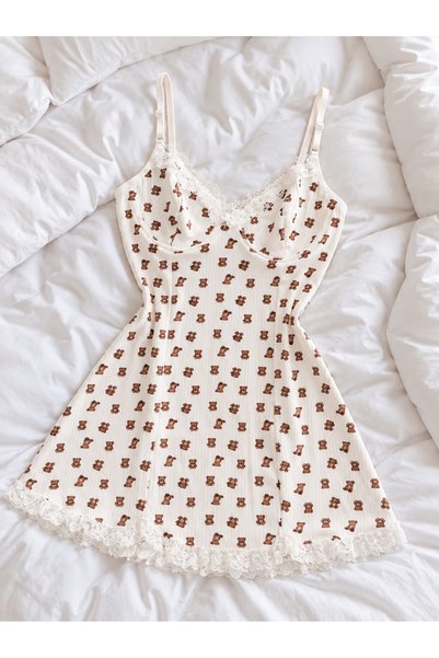 İNKO İÇ GİYİM Little Teddy Bear Patterned Lace Detailed Strappy Cotton Camiso...