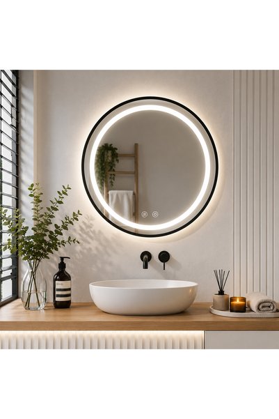 SERSIMO Oglindă de baie rotundă cu LED, cu funcție anti-aburire și iluminare ...