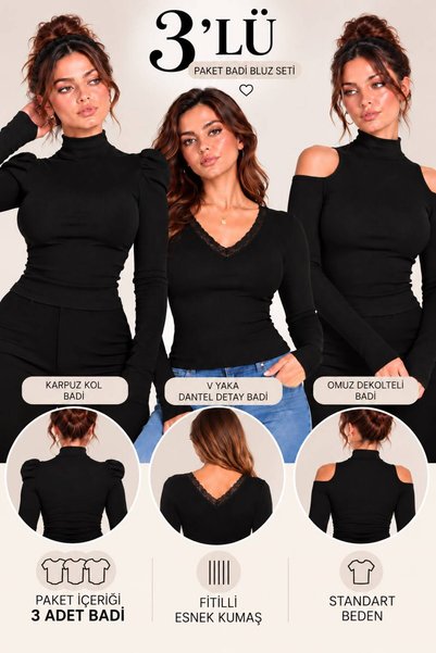 Genel Markalar Bettyshop Kadın 3’lü paket Badi Bluz Seti – Karpuz Kol, Dantel...
