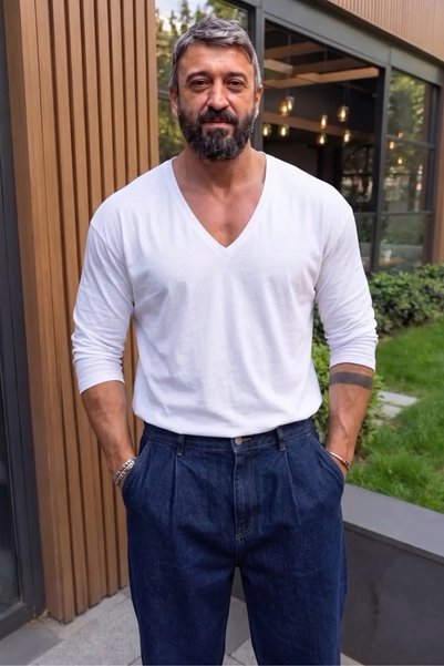 bozdemirtshirt %100 Pamuklu Oversize Derin V yaka Uzun Kol T-shırt (9006)