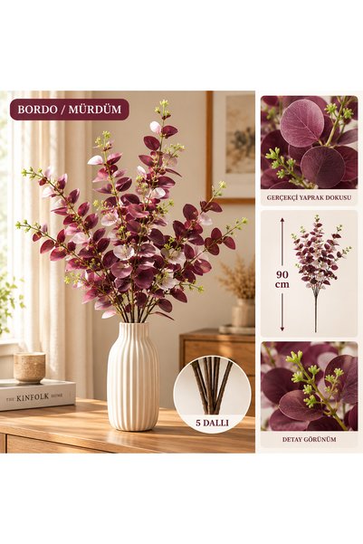 TEMA AJANS SÜS Yapay Uzun Dal Okaliptus 90 cm 5 Dallı Dekoratif Yapraklı Vazo...