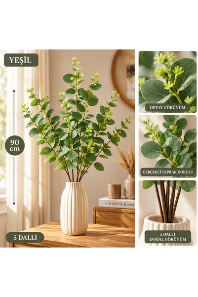 TEMA AJANS SÜS Yapay Uzun Dal Okaliptus 90 cm 5 Dallı Dekoratif Yapraklı Vazo...