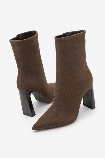 Marjin Women's Pointed Toe, Thick Heel, Zip-Up Casual Boots - Hivron, Coffee-...