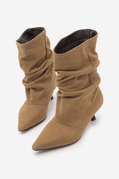 Marjin Women's Pointed Toe, Ruched, Suede, Slim-Heeled, Zipperless Casual Boo...