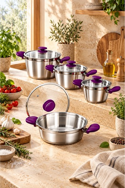 Bonera Etna Color Steel Deep Pot Set 8 Pieces (18-20-24-26 cm) - Induction Co...