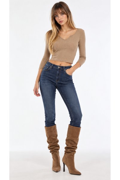 Kallisto Beige Collar Detailed Blouse / Skinny Fit