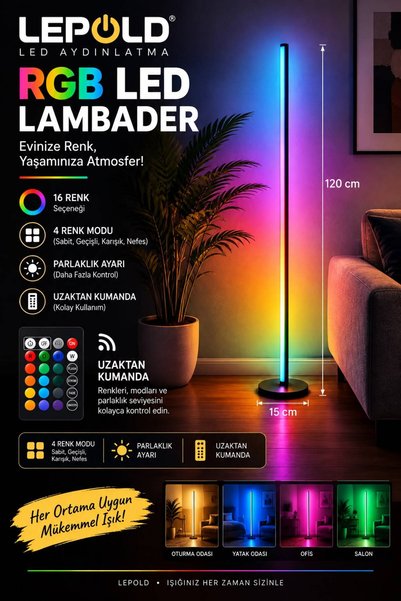 LePold RGB LED Lambader 120 CM Kumandalı 16 Renkli Dekoratif Ayaklı Lamba, Pa...