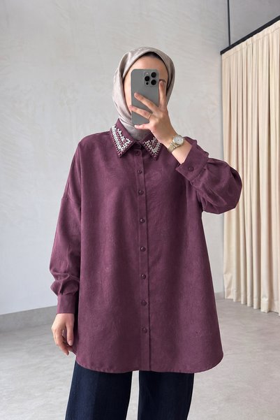 Ka Hijab Cămașă oversize decorată cu pietre pe guler - Vișiniu