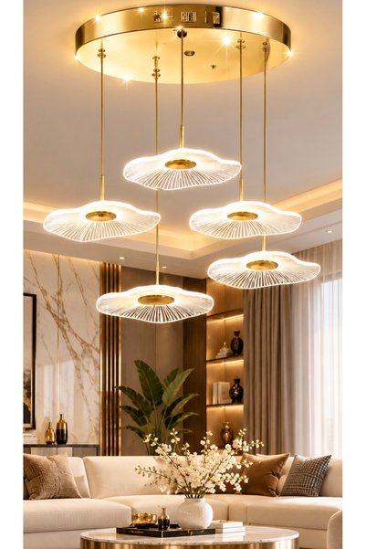 burenze Luxury Exclusive Beşli Yuvarlak Sarkıt Led Avize Jellyfish Gold Sarı ...