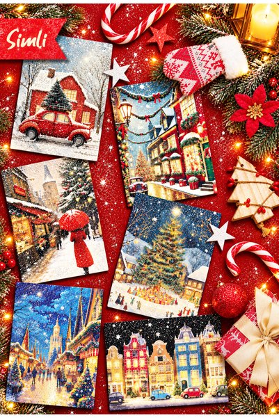 Mia Pera 6-Piece Glitter Christmas Postcard Set New Year Winter Landscape Sno...