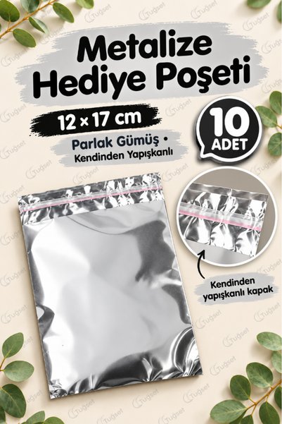t tuğset etiket Yapışkanlı Metalize Hediye Paketi Poşeti 12x17cm Gümüş 10 Adet Yeni Yıl Yılbaşı Hediye Paketi -T108