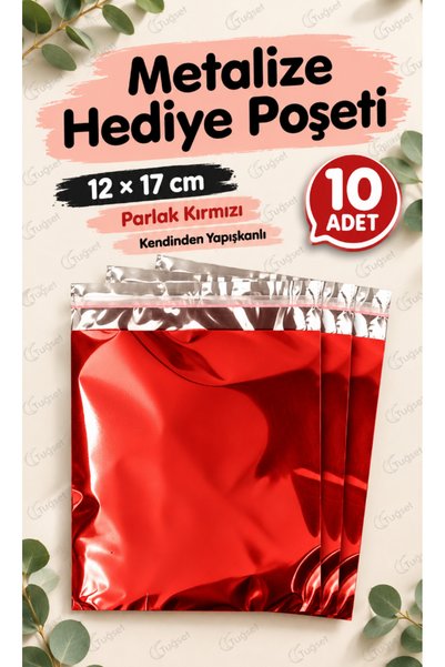 t tuğset etiket Yapışkanlı Metalize Hediye Paketi Poşeti 12x17cm Kırmızı 10 Adet Yeni Yıl Yılbaşı Hediye Paketi -T1