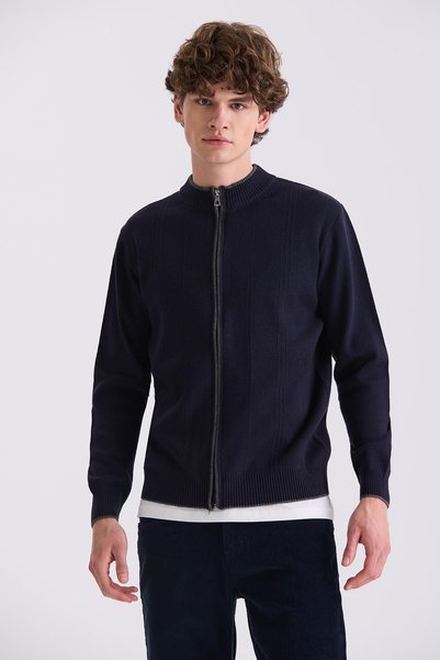 Jakamen Navy Blue Classic Fit Plain Zippered Stand Collar Knitwear Cardigan