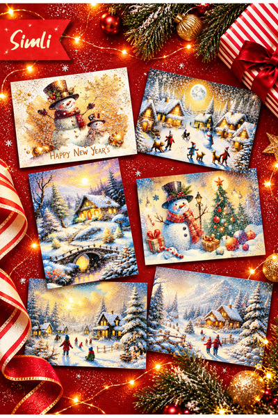 Mia Pera 6-Piece Glitter Christmas Postcard Set New Year Winter Landscape Sno...