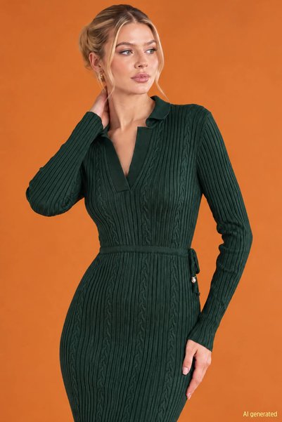 GÜLSELİ Rochie lungă din tricot cu guler polo și legături pentru femei