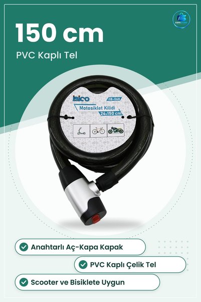 TARER Motosiklet Kilidi Çelik Tel 24 mm x 150 cm Anahtarlı PVC Kaplı Scooter Bisiklet Güvenlik
