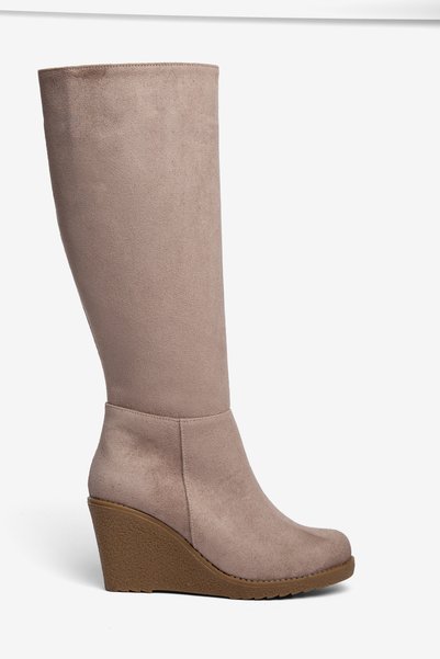HVZ Exclusive HVZ Women's Taupe Color Suede Casual Padded Wedge Heel Long Boots