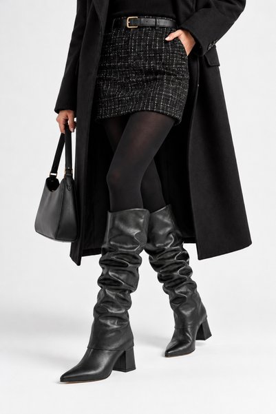 Belvaa store Lena Black Leather Drawstring Detachable Pointed Toe Heeled Boot...