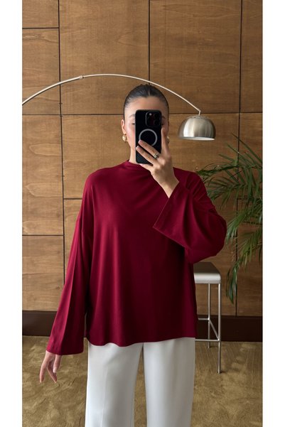 YOUR NAME Dik Yaka Oversize Dökümlü Uzun Kol Bordo Bluz