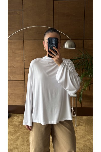 YOUR NAME Dik Yaka Oversize Dökümlü Uzun Kol Beyaz Bluz