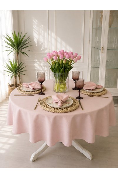 Decamor home Royal Linen Textured Round Tablecloth Powder Pink