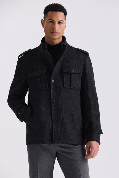 Jakamen Black-1 Slim Fit Judge Collar Epaulette Patterned Sports Stamp Coat