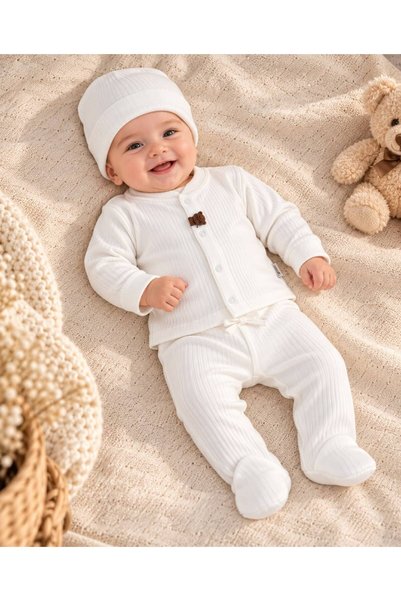 Baby day طقم استقبال مولود قطني مضلع 3 قطع - أوف وايت