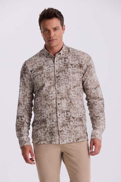 Jakamen Πουκάμισο με μοτίβο καφέ με κουμπιά γιακά Comfort Fit