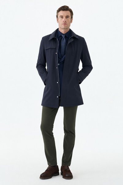 Jakamen Navy Blue Comfort Fit Belted Trench Coat