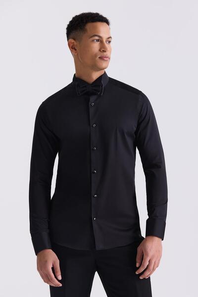 Jakamen Black Slim Fit Cufflink 100% Cotton Ata Collar Shirt