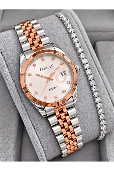Ferrucci Women's Metal Case Steel Strap Stone Wristwatch with 2 Years Warranty
