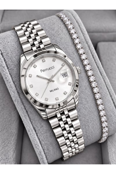 Ferrucci Women's Metal Case Steel Strap Stone Wristwatch with 2 Years Warranty
