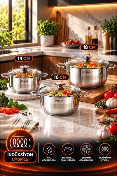 Bonera Stainless Steel 6-Piece Induction-Based Cookware Set (14-16-18cm)