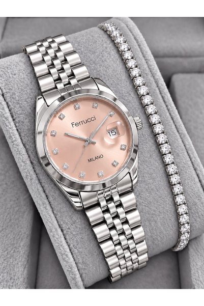 Ferrucci Women's Metal Case Steel Strap Stone Wristwatch with 2 Years Warranty