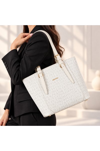 Just Polo حقيبة يد وكتف نسائية بيضاء كبيرة الحجم مكونة من 4 أقسام-BD2205BD