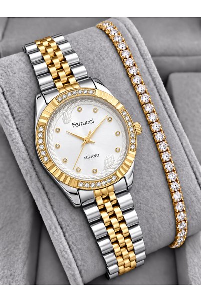Ferrucci Milano Kadın Gold Gümüş Metal Kordon Taşlı Kol Saati 2 Yıl Garantili