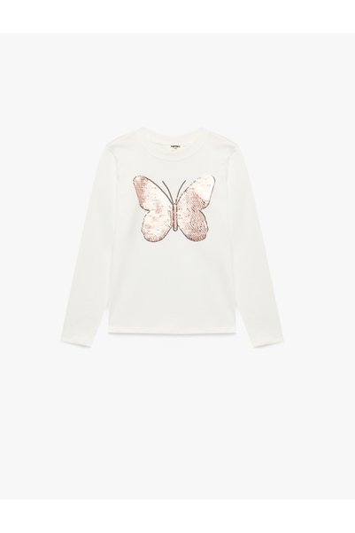 Koton Sequined Sequined Long Sleeved Crew Neck Butterfly Printed Cotton T-Shirt
