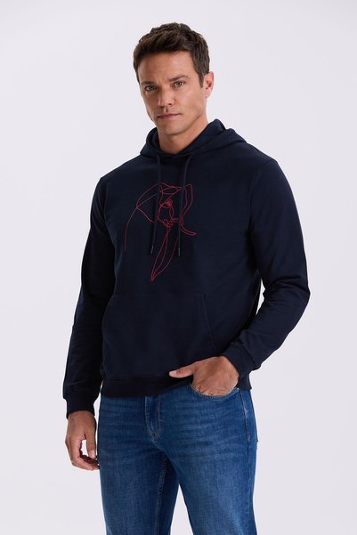 Jakamen Navy Blue Slim Fit Hooded Printed 100% Cotton Sweatshirt