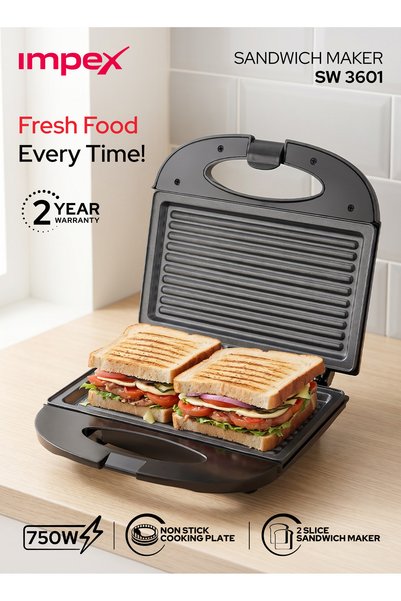 IMPEX Sandwich Maker 2 Slice, 750W Electric Sandwich Toaster with Non-Stick H...