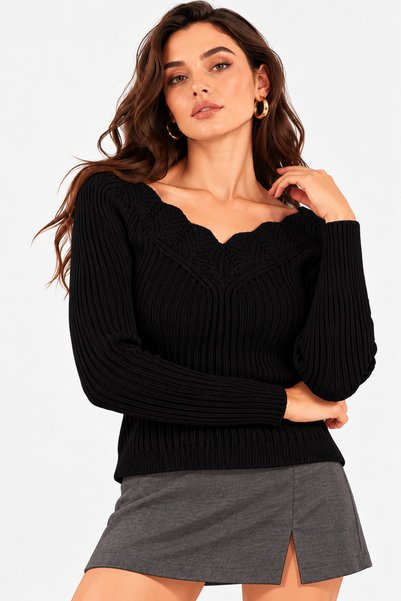 citycenterfashion Pulover negru de mărime mare pentru femei, guler Guipure Ct...