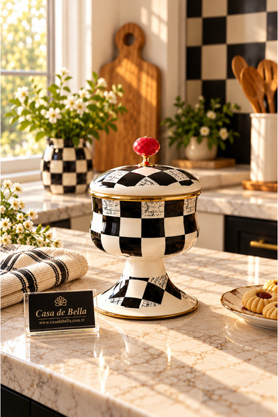 CASA DE BELLA ELITE CLASS EMAYE 20x15cm DAMA DESENLİ AYAKLI KAVANOZ ŞEKERLİK