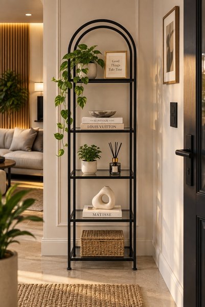 Teknor Siyah Çerçeveli Füme Camlı Modern Raf Ünitesi 40 cm 5 Raflı