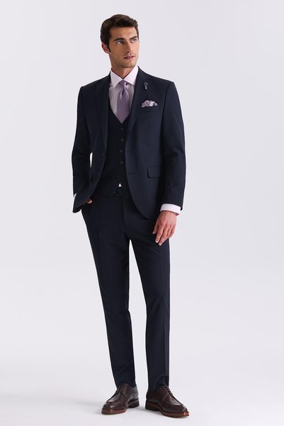 Jakamen Lacivert Slim Fit Mono Yaka Yelekli Takım Elbise