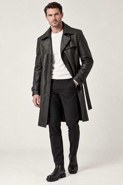 Deriderim Black Belted Long Trench Genuine Leather Men's Suede Coat
