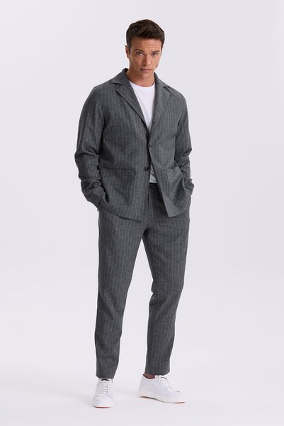 Jakamen Anthracite Slim Fit Apache Collar Linen Blended Double Slit Striped Suit