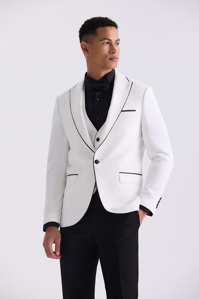 Jakamen Beyaz Slim Fit Sivri Yaka Yelekli Smokin Takım Elbise