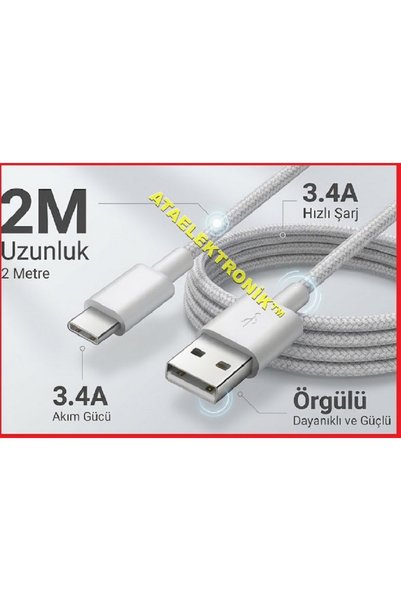 ATA ELEKTRONİK 2 Metre 3a Xiaomi Redmi Note 8 8 Pro 9 9 Pro 10 Pro Uyumlu Type C Hızlı Şarj Aleti Fast Şarz